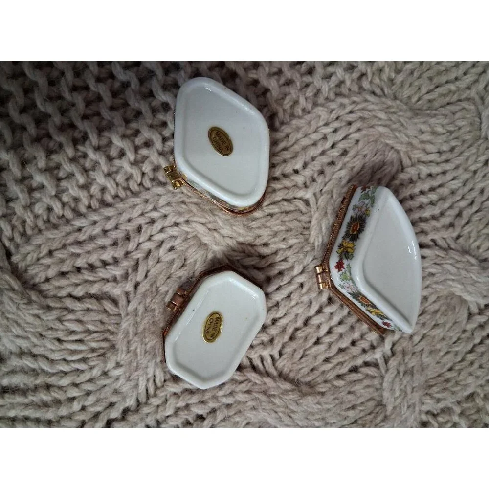 Vintage Floral Porcelain Trinket Box Set Of 3 With Hinged Lids & Gold Accents
